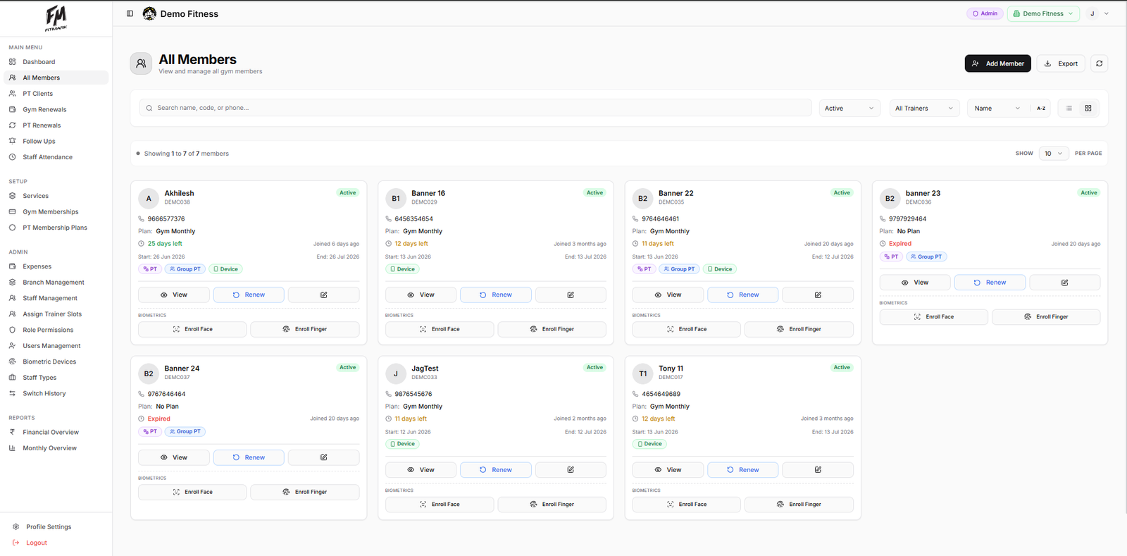 Fitmark all members view with search, plans, renewals, and biometric enrollment